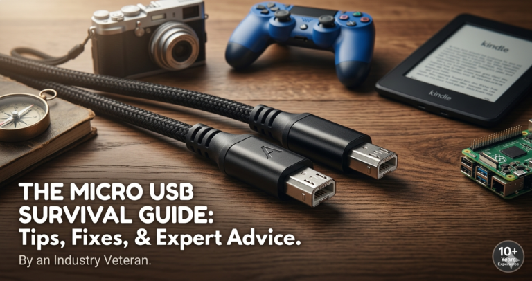 High-quality braided Micro USB cables on a wooden desk surrounded by a camera, game controller, Kindle, and Raspberry Pi.