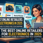 A woman reviewing electronics on a tablet with logos of top online retailers like B&H, Best Buy, and Newegg.