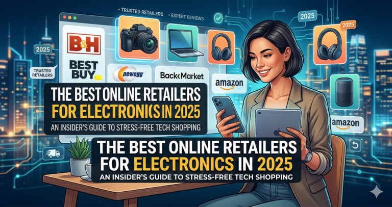 A woman reviewing electronics on a tablet with logos of top online retailers like B&H, Best Buy, and Newegg.