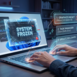 A high-tech 2026 laptop screen showing a "System Frozen" error overlay with ice-shattered glass effects. To the right, a futuristic holographic UI displays three troubleshooting steps: 1. Graphics Reset, 2. Task Manager, and 3. Update Rollback, alongside technical labels for DDR5 leaks and NVMe SSD power state conflicts