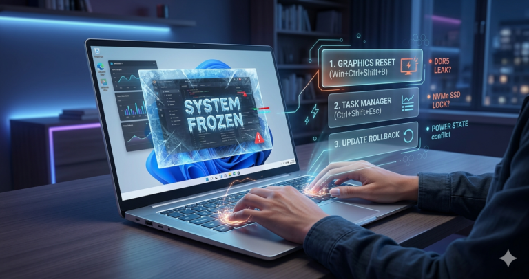 A high-tech 2026 laptop screen showing a "System Frozen" error overlay with ice-shattered glass effects. To the right, a futuristic holographic UI displays three troubleshooting steps: 1. Graphics Reset, 2. Task Manager, and 3. Update Rollback, alongside technical labels for DDR5 leaks and NVMe SSD power state conflicts